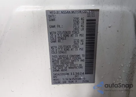 2022 Nissan Murano Platinum Intelligent Awd из США, поврежденный, VIN 5N1AZ2DS5NC113624